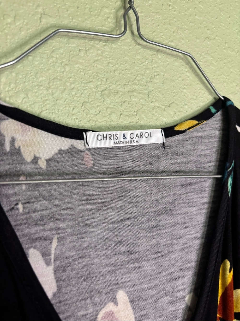 Chris & Carol Black Floral V-Neck Top with Yellow & Teal Details